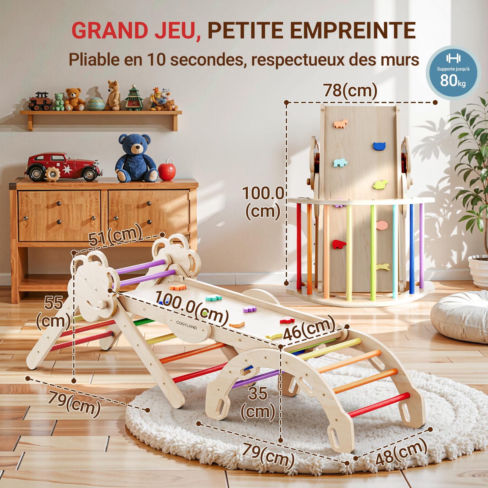 COSYLAND Triangle d’Escalade Montessori 8-en-1 en Bois, Arche Pliable pour Enfants 1-6 Ans, Parcours de Motricité Hauteur Réglable, Charge 80 kg, Boîte Cadeau Colorée (Arc-en-Ciel)