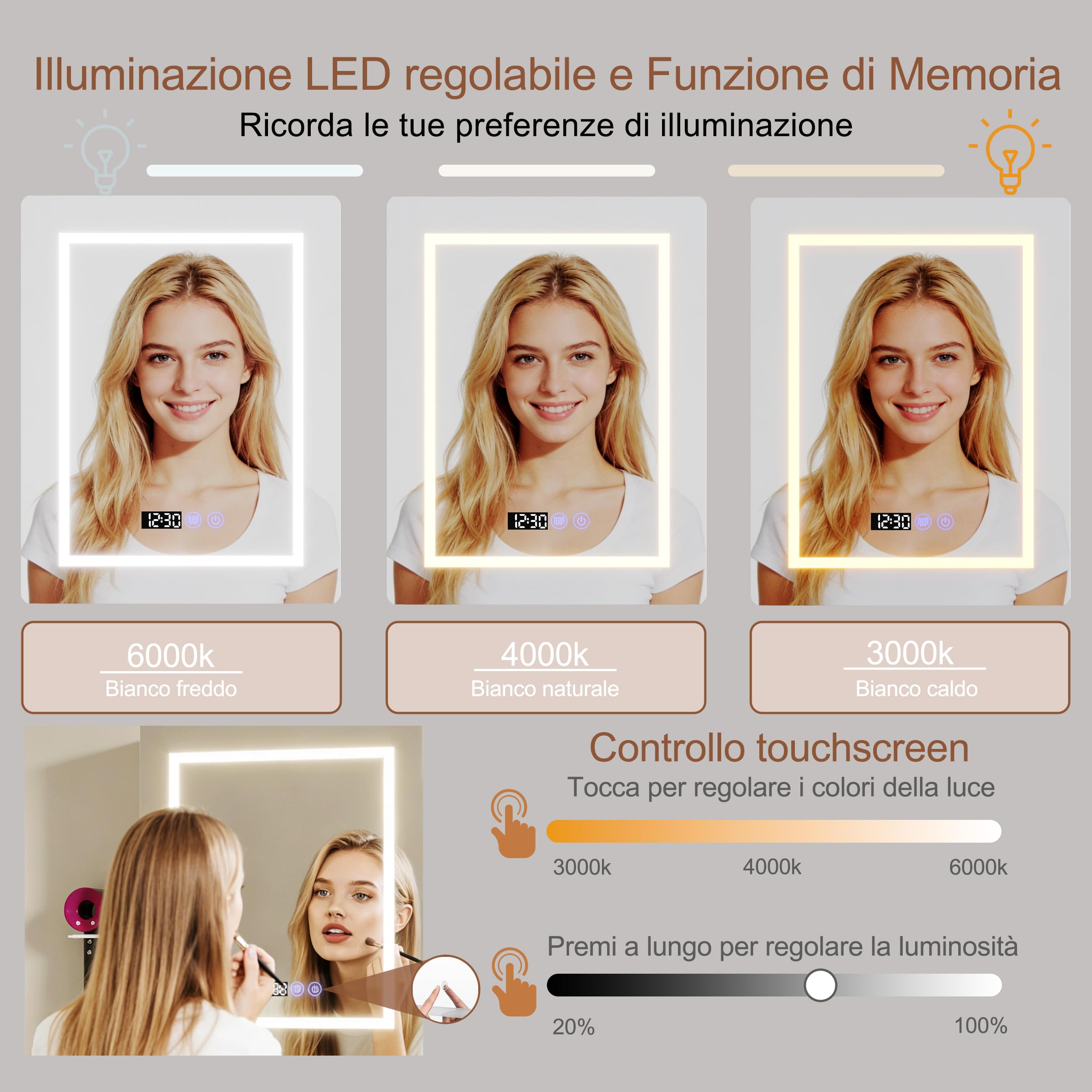 Specchio Bagno Contenitore con illuminazione e Antiappannamento Armadietto Bagno a Parete con indicazione di orologio e temperatura, Presa e 4 scomparti portaoggetti per il Bagno 47 * 80 * 16 cm