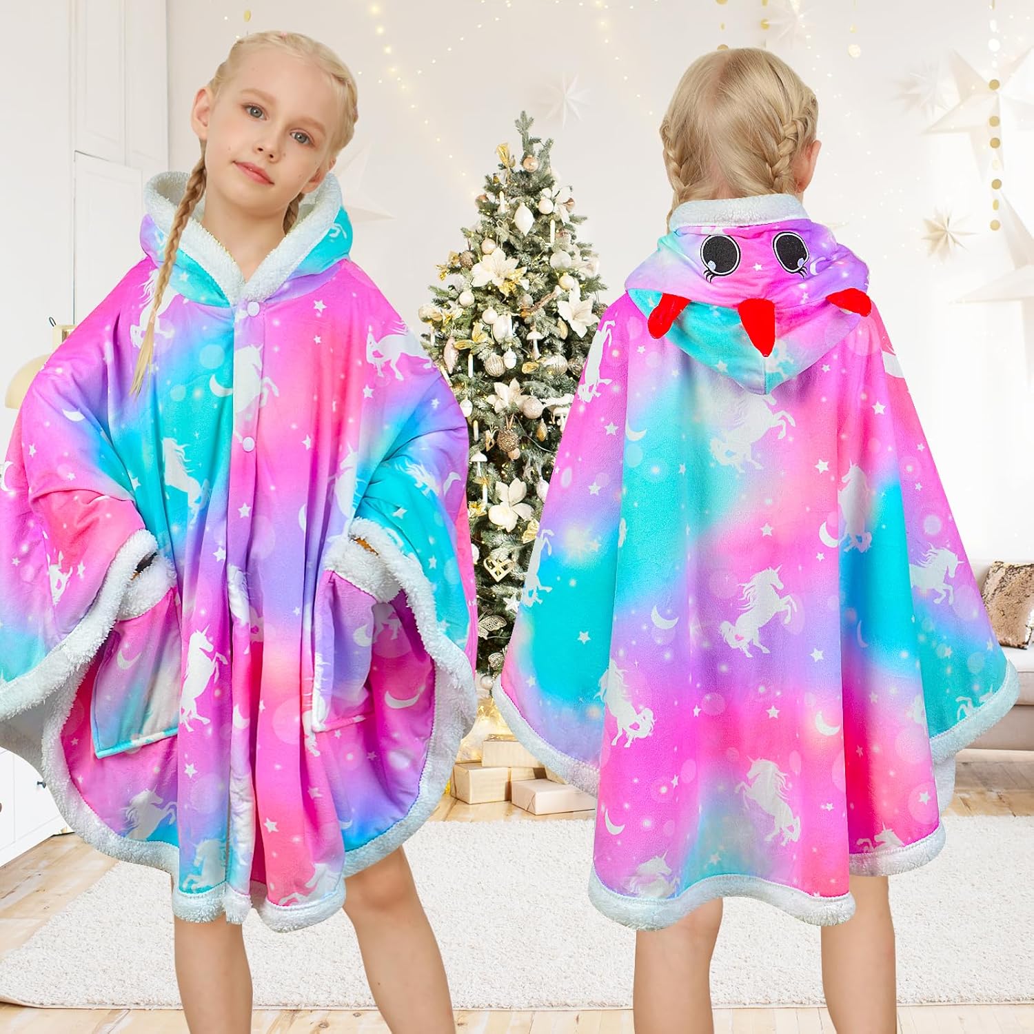 Fiodrimy Kids Wearable Blanket Hoodie Angel Wrap Hoodie Blanket Girls Uniorn Poncho Wrap Throw Cape Shawl 3-10 Years Gifts - Image 2