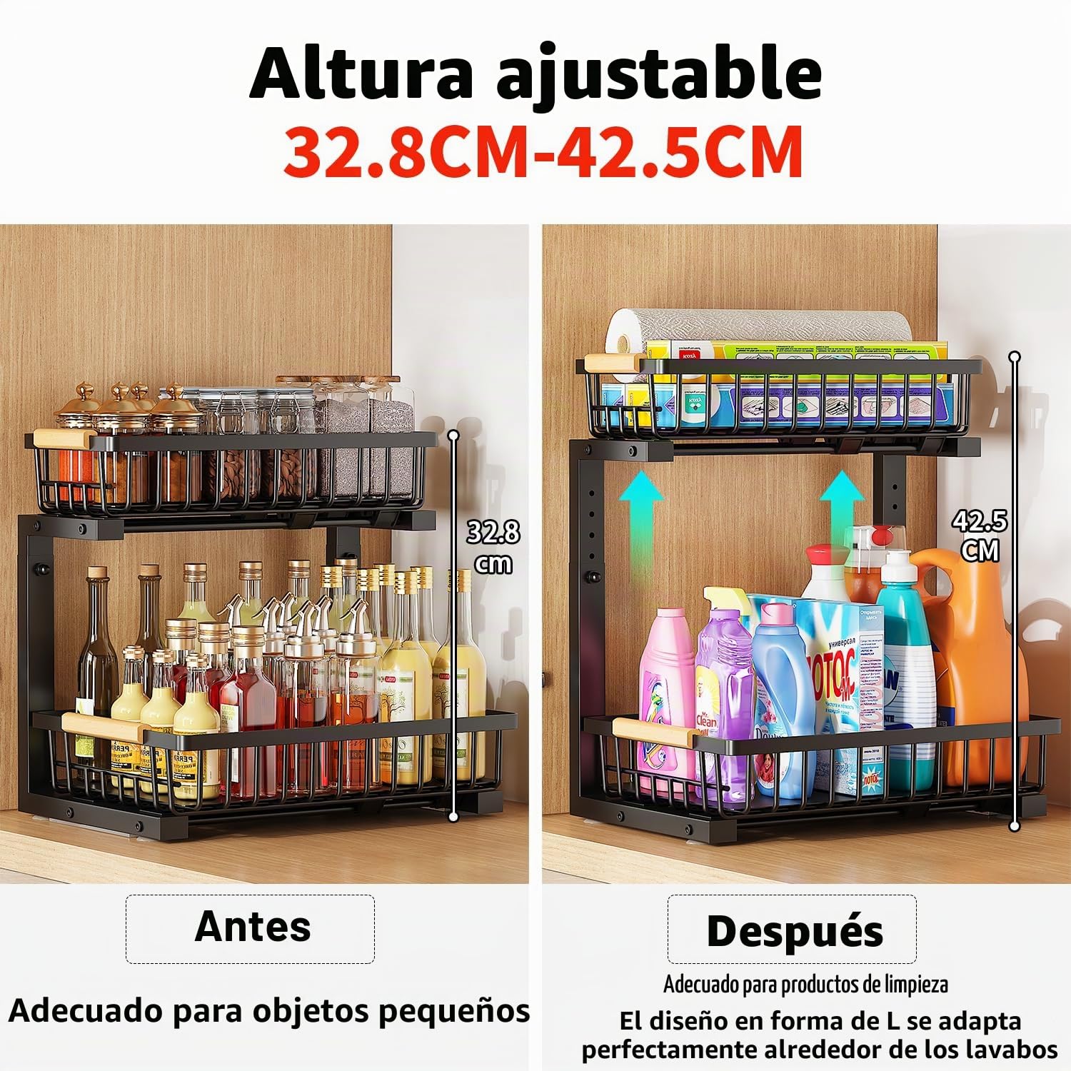 Organizador Bajo Fregadero 2 Niveles con Cajones Deslizantes 42.5cm Altura Regulable Estante Almacenamiento Debajo Fregadero Organizador Cocina Multifuncional Forma de L para Cocina, Baño