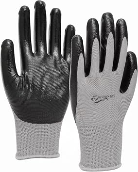 SAFE HANDLER Nitrile Grip Work Gloves | Lightweight, Breathable Lining, Fitted Wrist, Non-Slip Grip, Abrasion Resistant, Black/Gray, OSFM, Pack of 12 Pairs 24 gloves