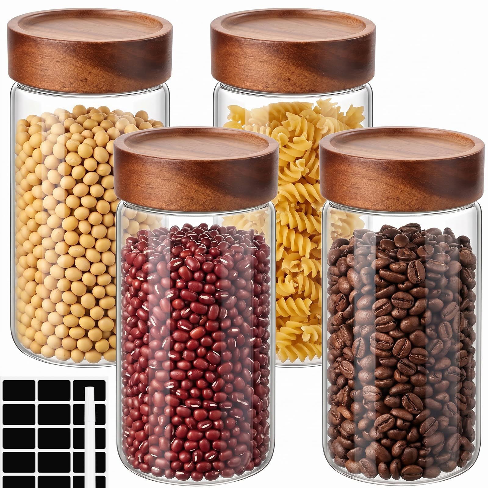 550ml Φ8x15cm Barattolo Vetro Ermetico 4 Pezzi Barattoli Vetro con Coperchio in Legno a Spirale pour Céréales, Haricots
