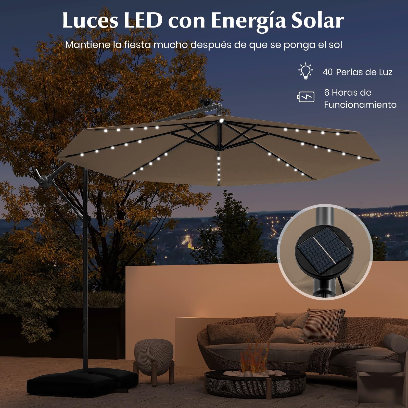 GOPLUS Sombrilla Jardín Ø 3m con 40 Luces LED Solares
