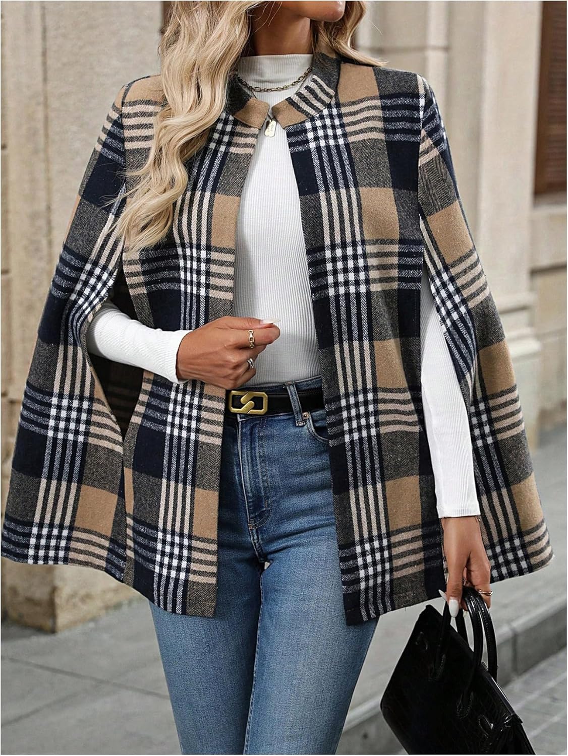 Verdusa Women's Old Money Gingham Plaid Cloak Open Front Poncho Coat Elegant Formal Jacket - Image 5