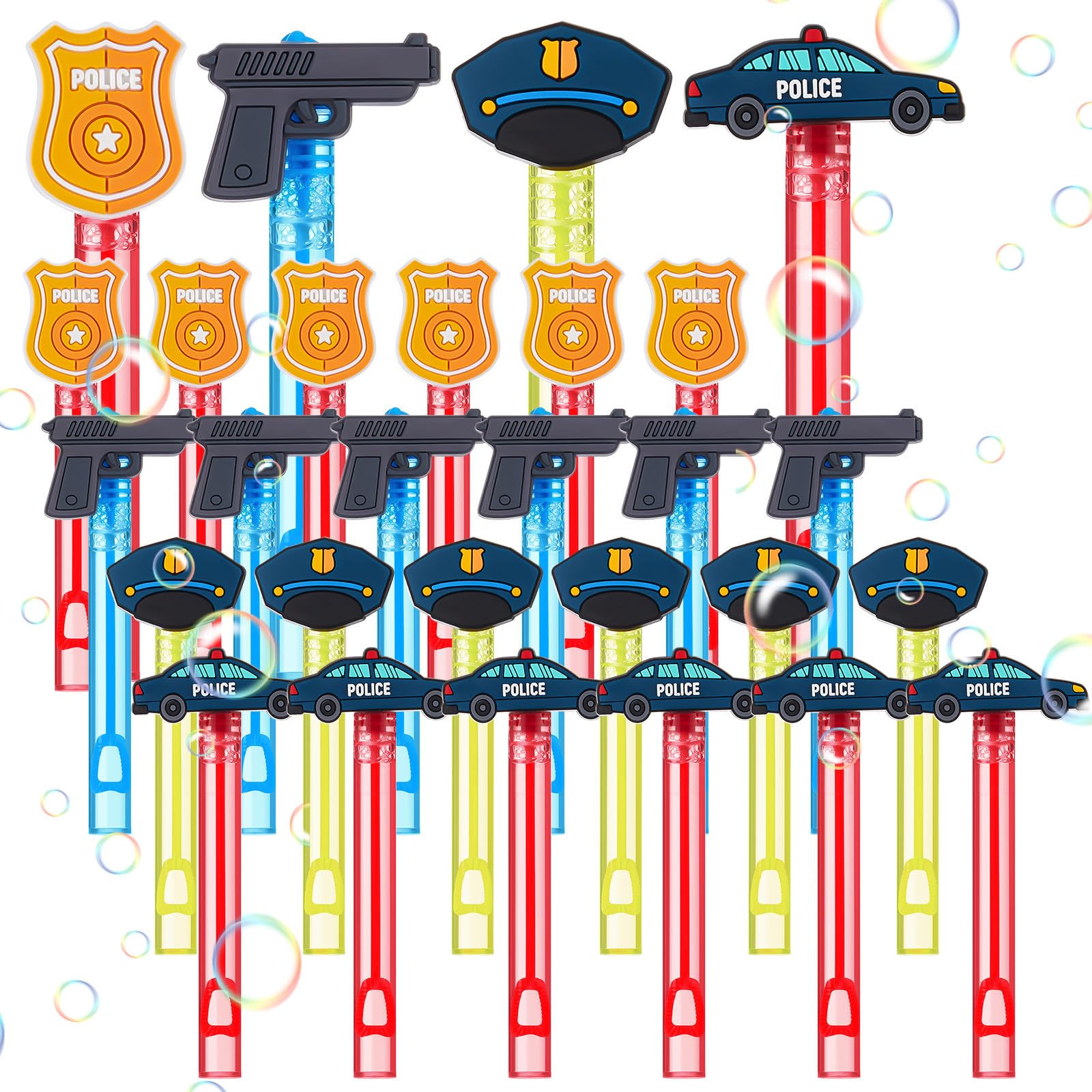 24 Pcs Police Bubble Wands Party Favors for Kids, Mini Bubbles Bulk with Car, Badge, Hat Designs, Cop Theme Birthday Supplies, Goodie Bag Fillers,