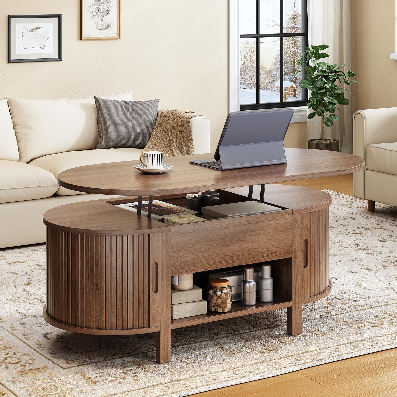 ONBRILL 43 3 Oval Lift Top Coffee Table with Hidden Compartment Fluted Wood Coffee Table with Sliding Door
