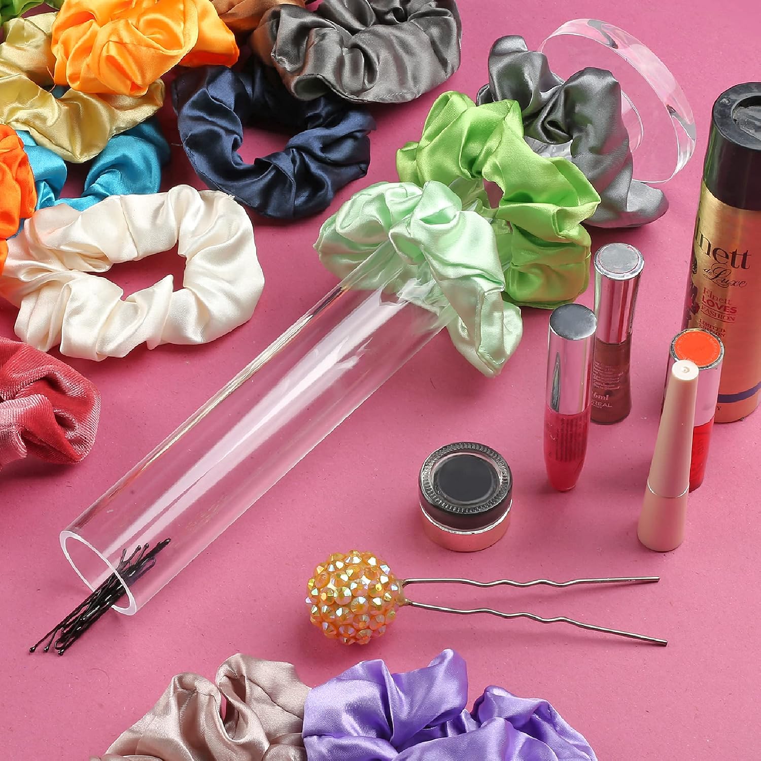 MADRIG Acrylic Scrunchie Holder Stand | 12 inches Tall & Thick Base | Clear Hair Tie Holder for Teen Girls Gifts | Hair Accessories Organizer | VSCO Girl Stuff | Scrunchie, Hair Pins & E-Book Inside