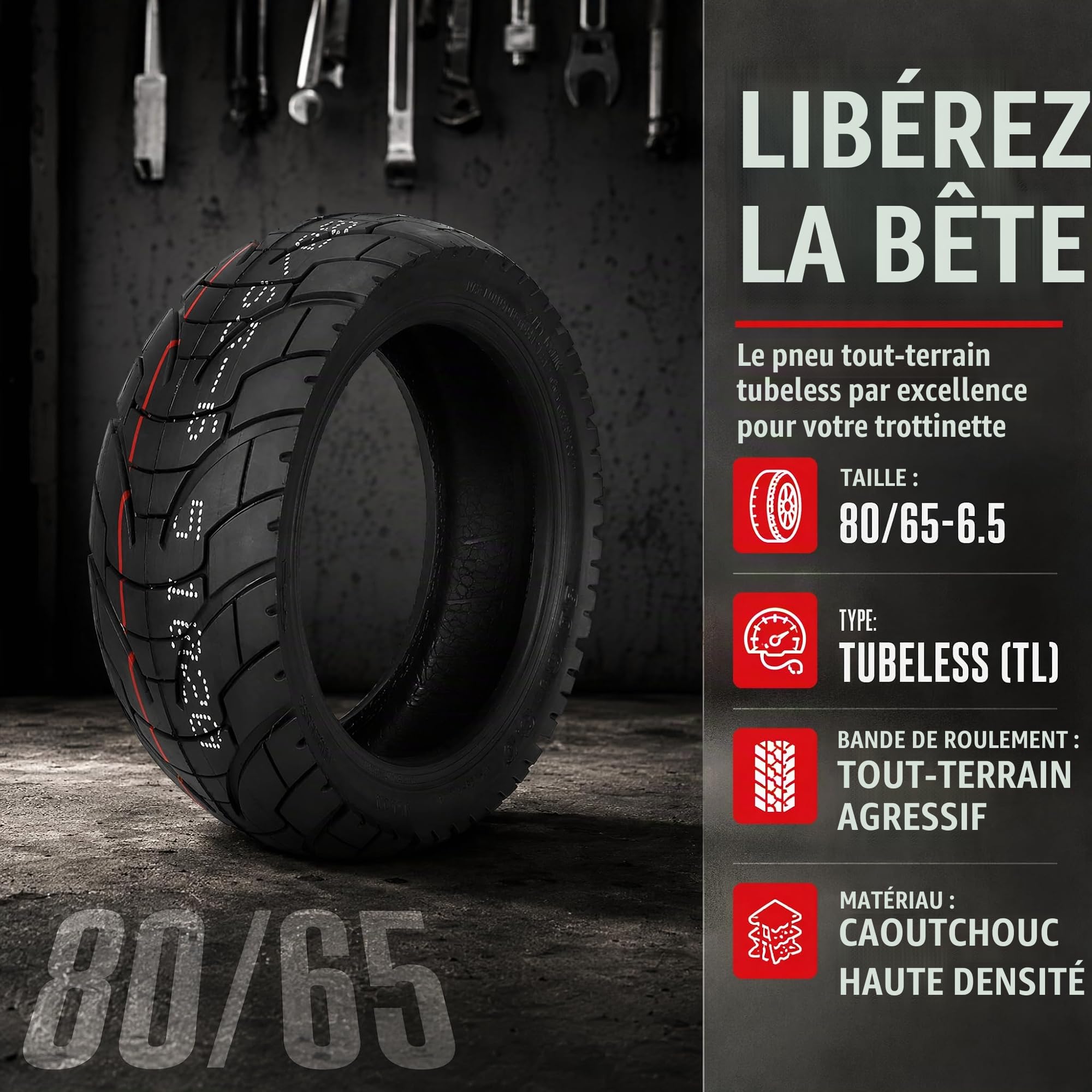 80/65-6.5 Pneu Trottinette Tubeless avec Conception Épaisse Anti-Éclatement 80/65/6.5 Résistant à l’Usure et 80 65 6.5 Antidérapant pour Trottinette Électrique – Compatible avec 255x80 10x3