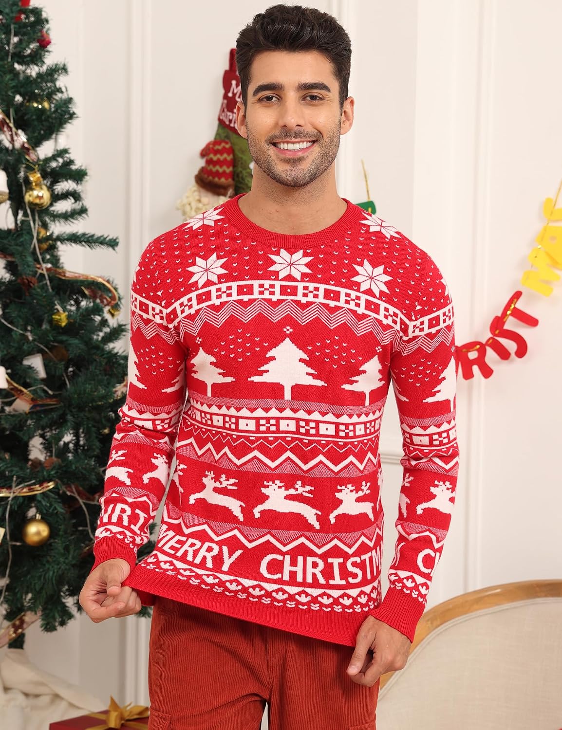 LecGee Christmas Sweater Couple Roundneck Reindeer Snowflakes Ugly Long Sleeve Knitted Sweater Pullover Slim Fit Men Women
