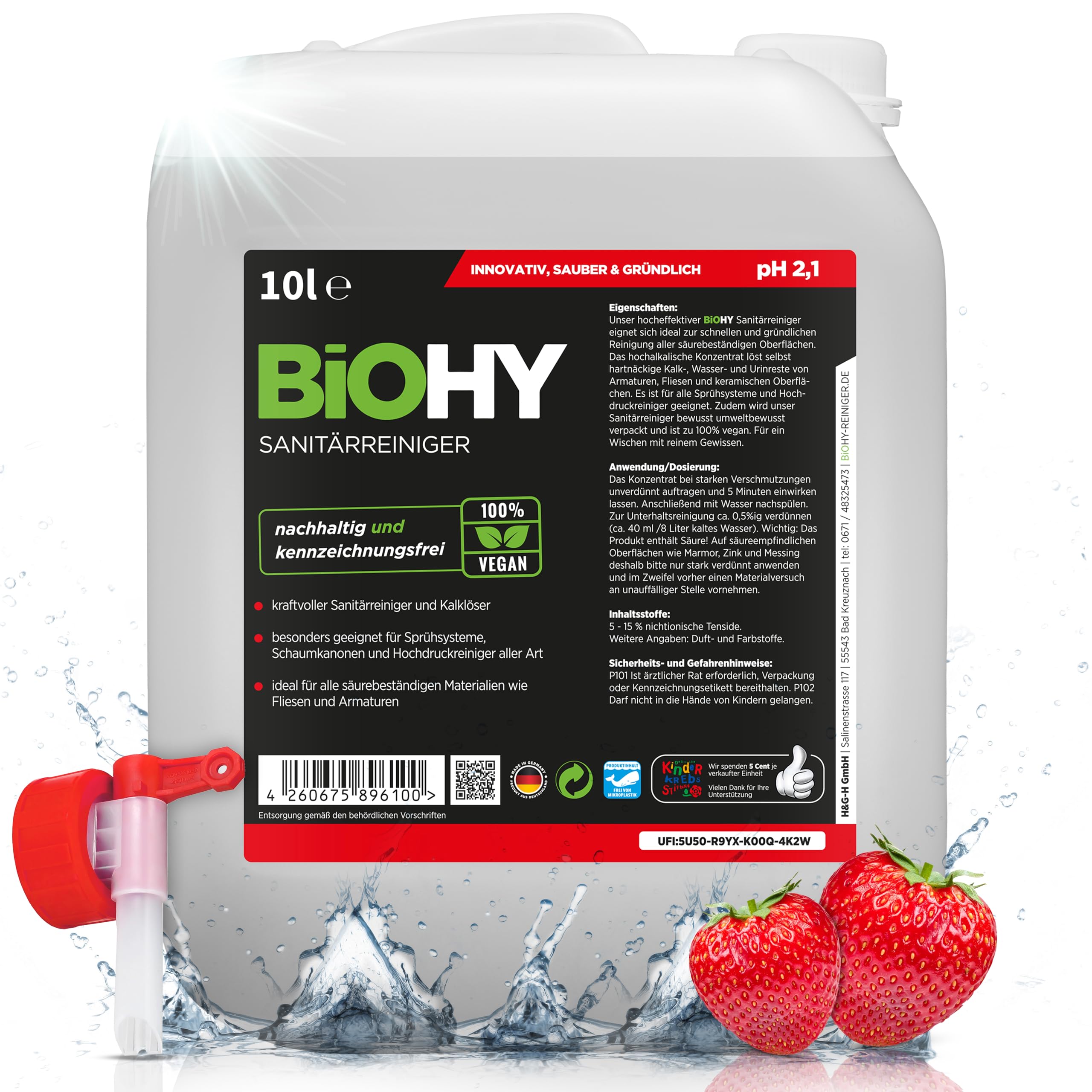 BiOHY Detergente per bagno (Lattina da 10 Litri) + Rubinetto di scarico | Concentrato decalcificante per ambienti sanitari | profumo gradevole e fresco | EXTRA FORTE (Sanitärreiniger)