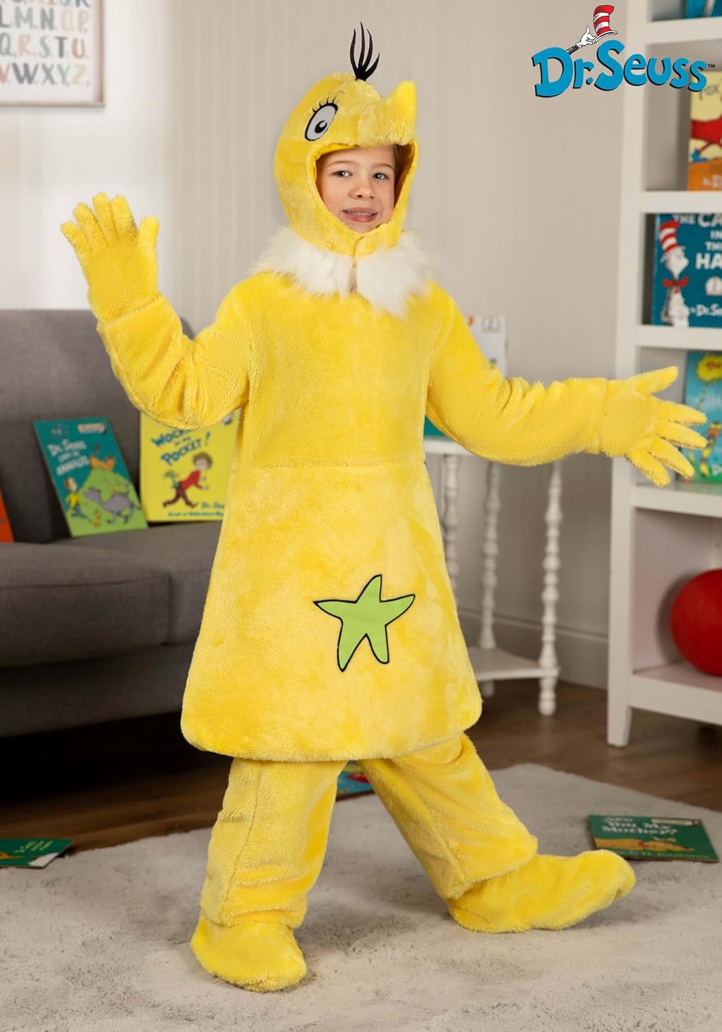 Dr. Seuss Kids Star Bellied Sneetch Costume, Yellow Bird Storybook Character, Tunic, Pants, Hood, Socks & Glove Covers