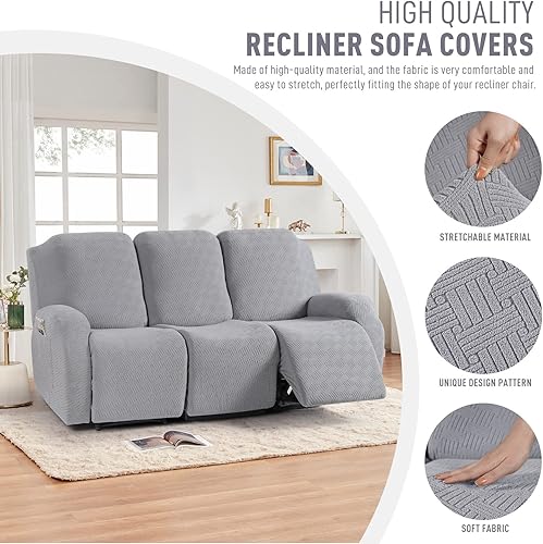 Vista 88 de KinCam Fundas para sillas reclinables, funda elástica y reclinable, fundas para sofá reclinable, fundas de sofá reclinable a rayas, fundas Gris