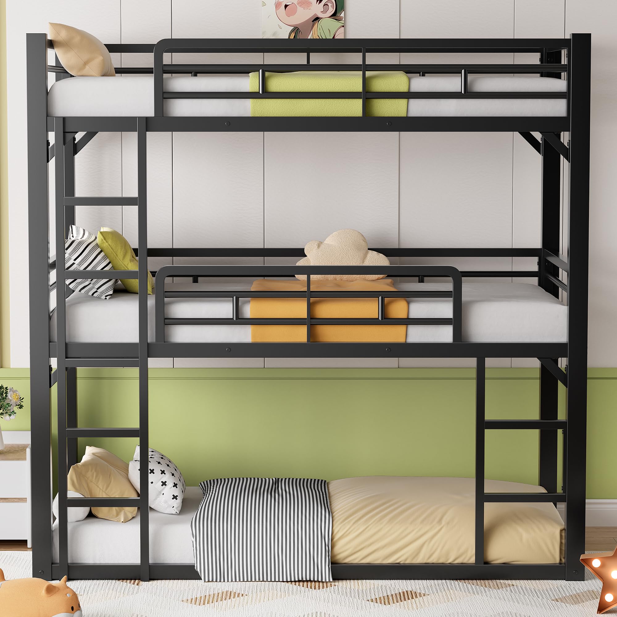 DNYN Twin Triple Bunk Bed with Built-in Ladder,Twin-Over-Twin-Over-Twin Size Metal Bunkbeds w/Safety Guardrails for Kids/Teen/Adults Bedroom,Home Furniture for Dorm,Guest Room, Black
