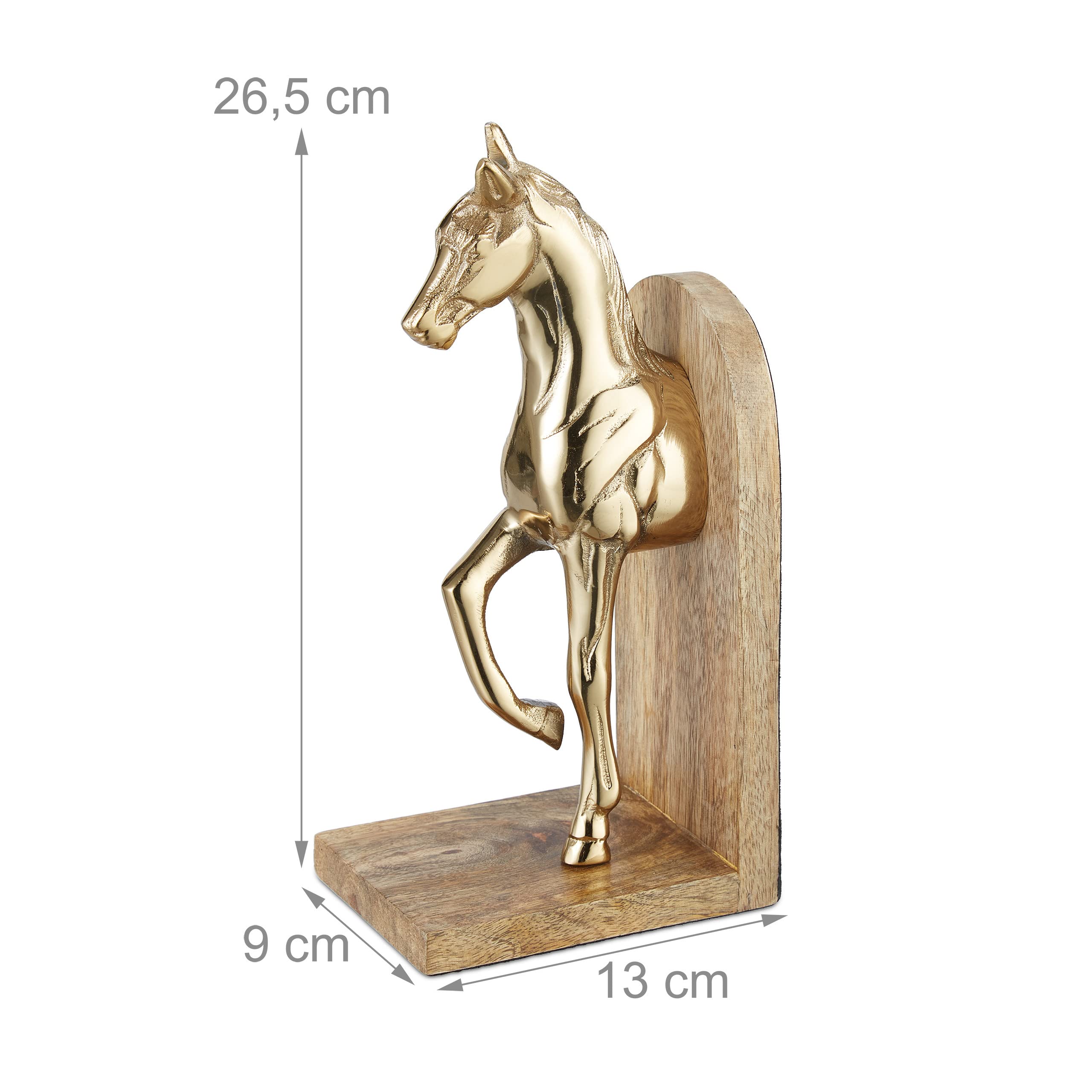 Relaxdays Buchstützen 2er Set, dekorativ, Pferde Figuren, f. Bücherregal, edles Design, HxBxT: 26,5x9x13 cm, Natur/Gold