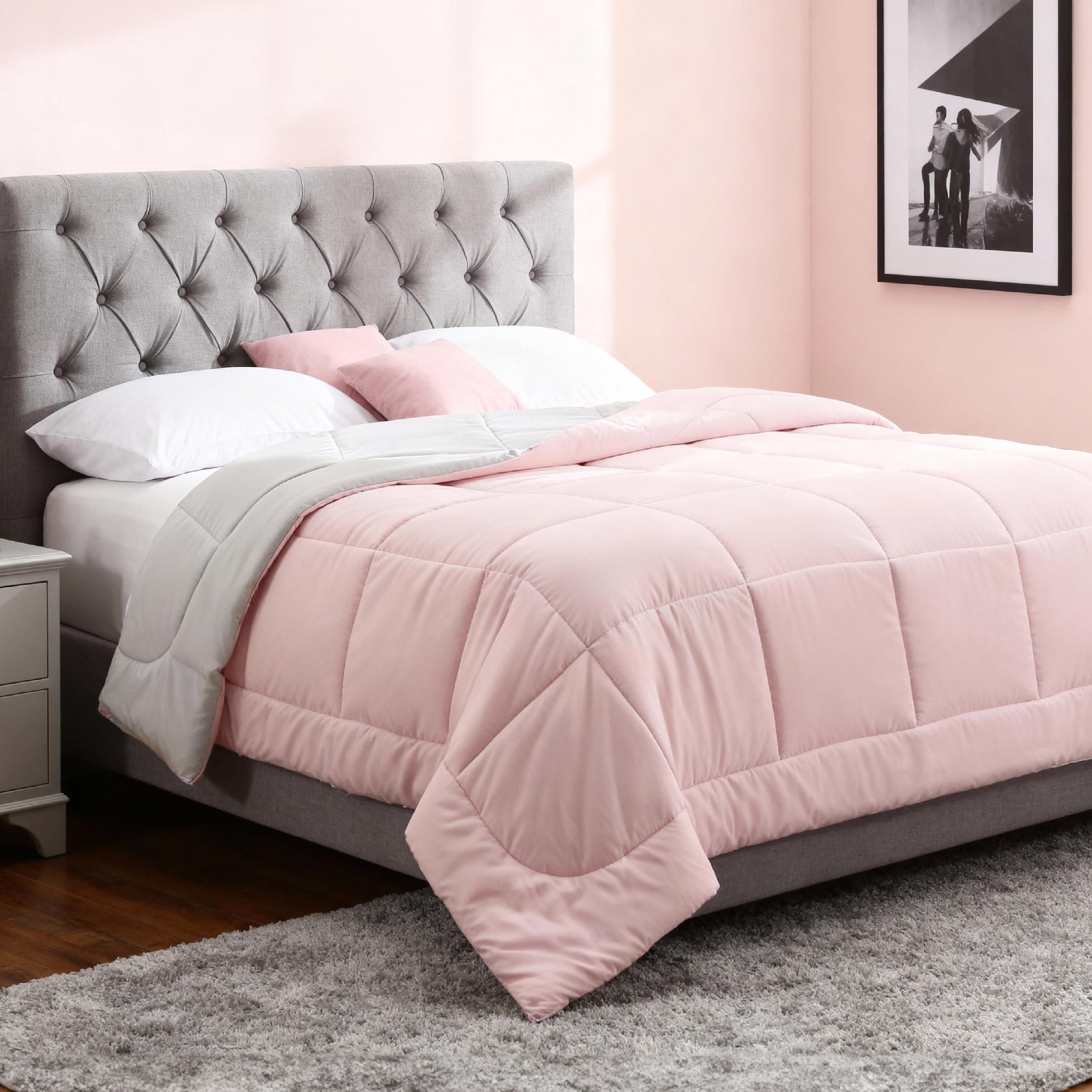 Bedsure King Reversible Comforter Duvet Insert - All Season Quilted Comforters King Size, Down Alternative King Size Bedding Comforter with Corner Tabs - Pink/Grey