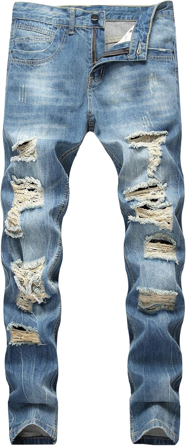 Men's Ripped Destroyed Distressed Vintage Straight Fit NO Stretch Denim Jeans