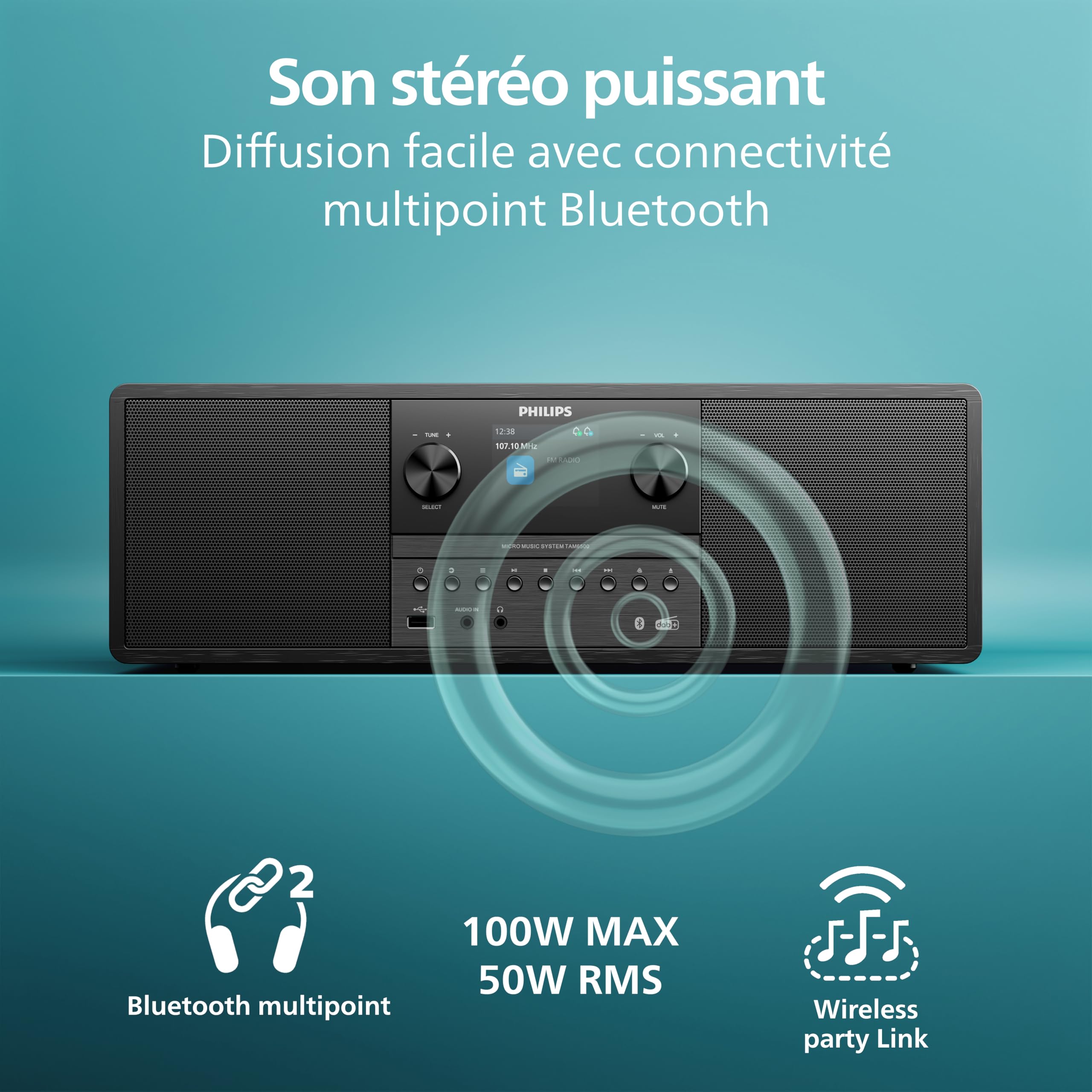 Philips TAM6500/10 Micro‑chaîne Musicale 100 Watts, Bluetooth 6.0, Auracast, Radio Dab+/FM, CD/USB/entrée Audio, Haut‑parleurs Bass‑Reflex, écran Couleur, télécommande, Plastique recyclé, Noir