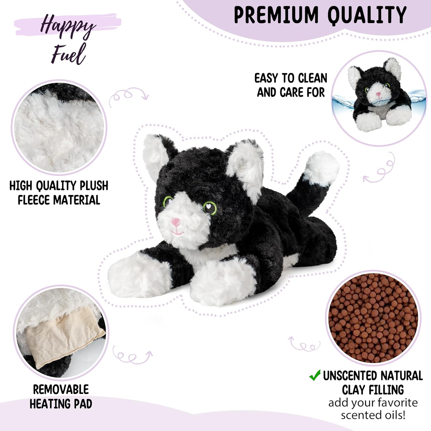 Happy Fuel Tuxedo Cat Microwavable Stuffed Animal – 1.5 lb Unscented Heating Pad Plush, Soft Cozy Black & White Cat Toy for Relaxation and Comfort, Gift for Women, Girls, Adults & Kids