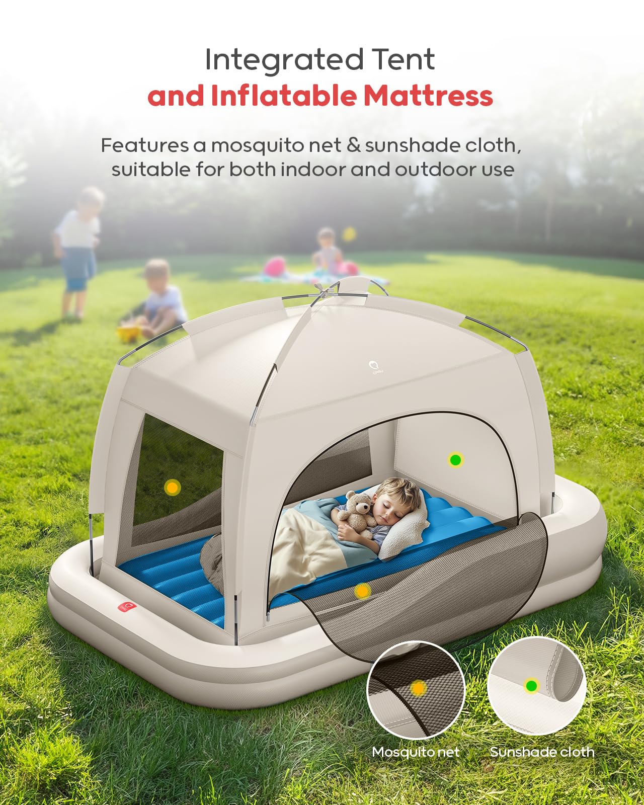 QPAU Inflatable Toddler Travel Bed, color caqui y azul