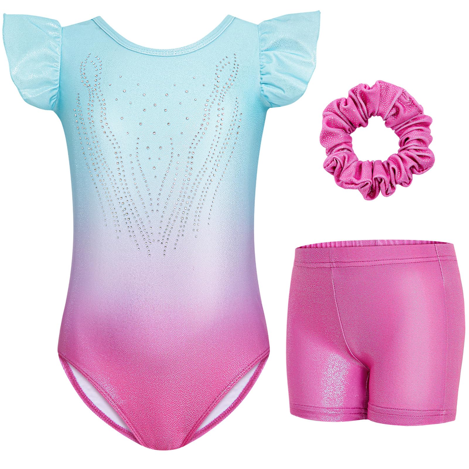Gogokids Conjunto de gimnasia de 3 piezas con mangas voladas para niñas, leotardos de gimnasia para niños con lentejuelas degradadas y diseño de purpurina, juego de disfraces de gimnasia que incluye
