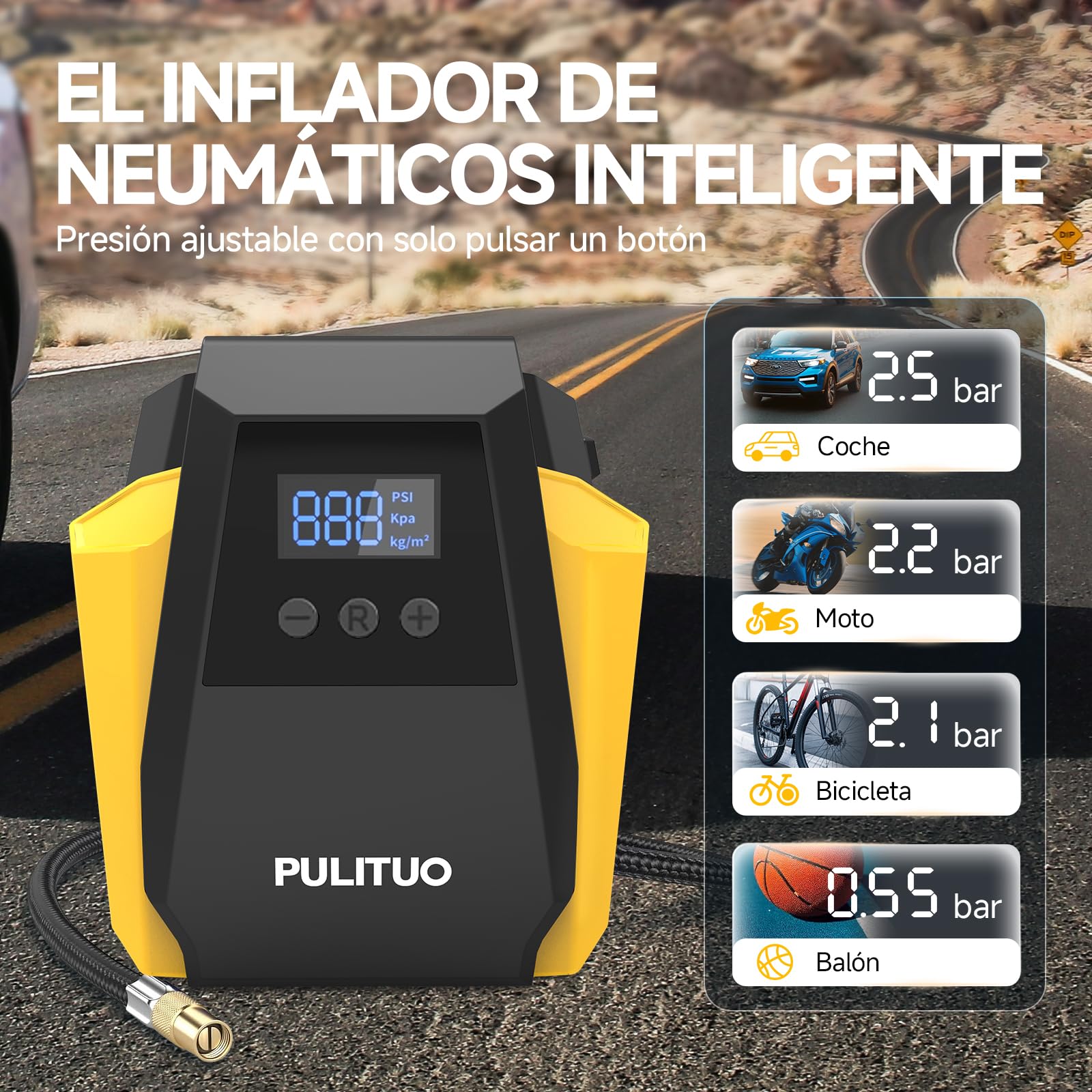 PULITUO Inflador de Neumáticos 12V DC - Compresor de Aire Portátil 35L/min, 10,3 Bar / 150 PSI Bomba para Coche y SUV con Apagado Automático, Manómetro Digital y LED, Amarillo