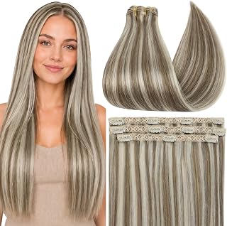 Full Shine Clip in Hair Extensions Human Hair | Ash Brown Highlights Platinum Blonde, Real Hair Clip in Extensions, for Dancing, Soft Finish, 18 Inch 3 Pcs 60g