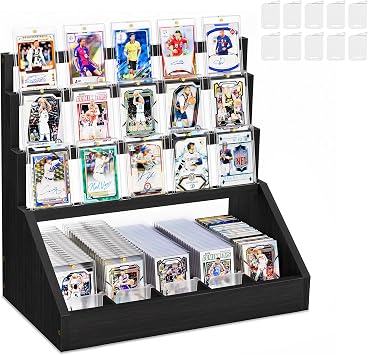 3-Tier Trading Card Display Stand, Wooden Card Storage Case with 5 Rows & Card Stoppers, Large Capacity Sports/Football Card Holder, Graded Card Storage for Game Collections Black