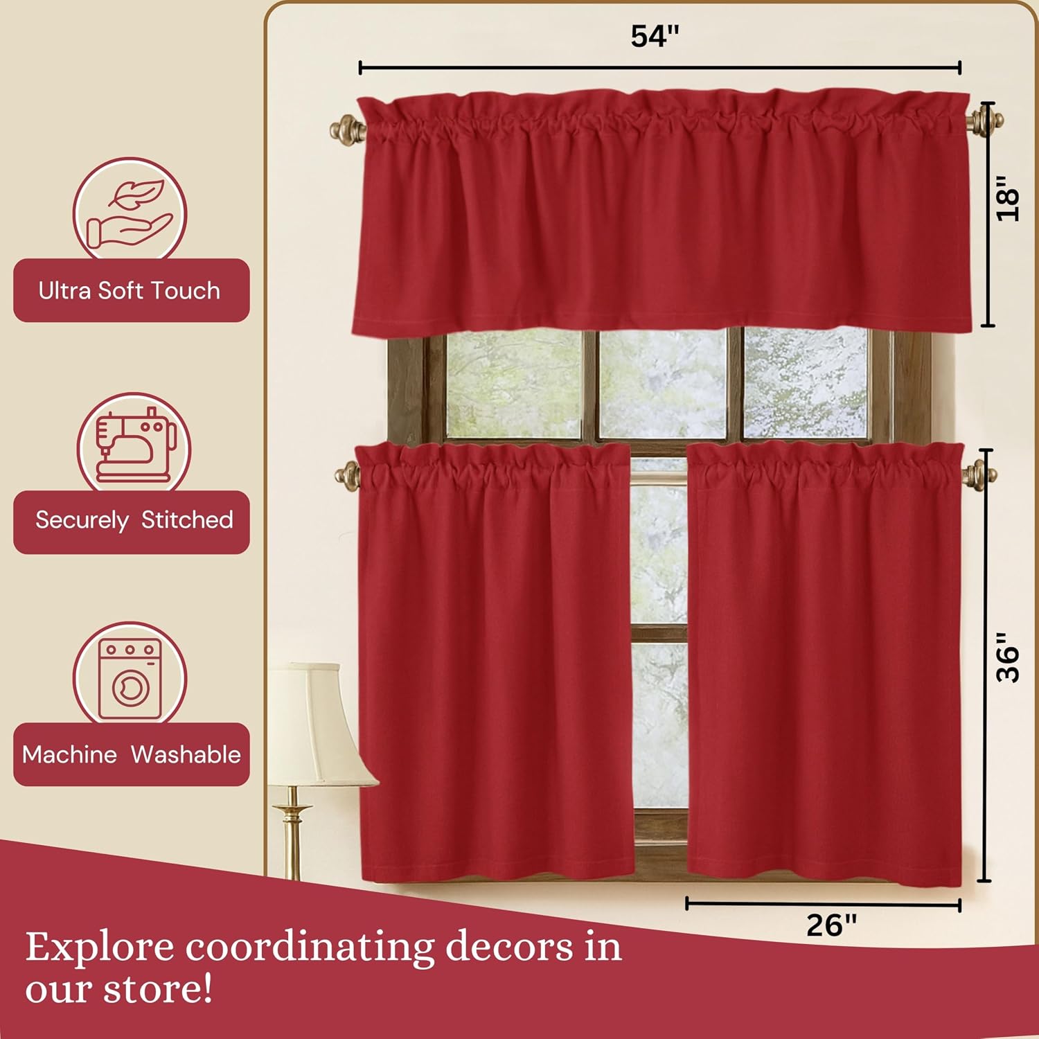 3 Piece Window Curtain Set, 100% Cotton, 2 Tiers 26x36 Inch & 1 Valance 54x18 Inch, Semi Sheer, Rod Pocket, Short Curtains for Kitchen, Café, Living Room, Bathroom, Bedroom, White