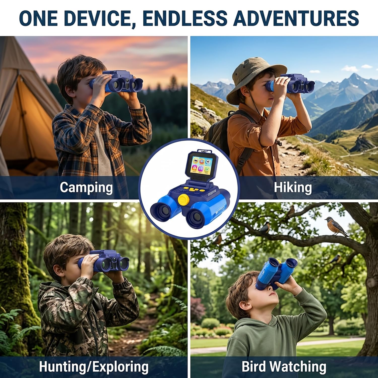 Binocolo per Bambini con Zoom Ottico 10x e Fotocamera - Foto 48 MP e Video in 1080P, Visione Notturna 25 m, Adatto dai 3 Anni in su, Ideale per Osservazione Animali e Natura | Blu Scuro