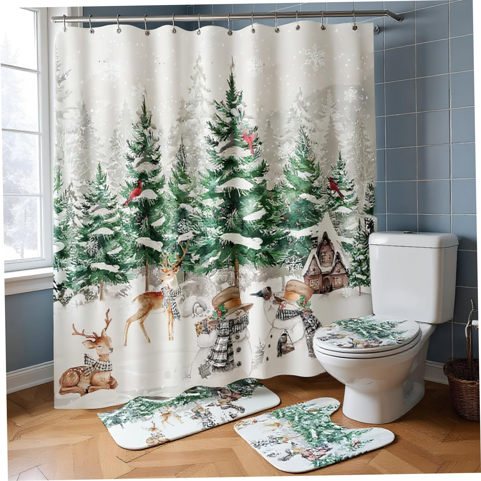 Syglawnd Christmas Bathroom Sets, 4PCS/Set Christmas Shower Curtain Set Tree Snowman Xmas Bathroom Sets with Toilet Lid Cover, Rugs, Waterproof Shower Curtain with 12 Hooks