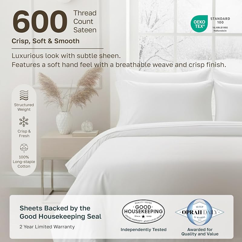 California Design Den Luxury 600 Thread Count Queen Sheets Set,Bright White image 2