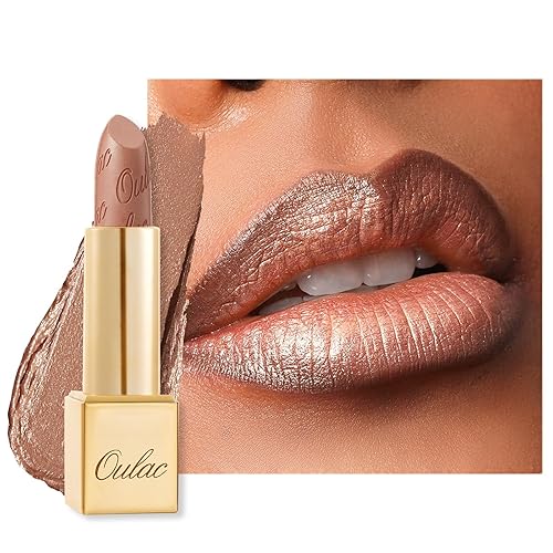 Oulac Lápiz labial nude para mujer con brillo metálico 3D fórmula hidratante ligera, color de labios de alto impacto, belleza vegana y sin gluten,