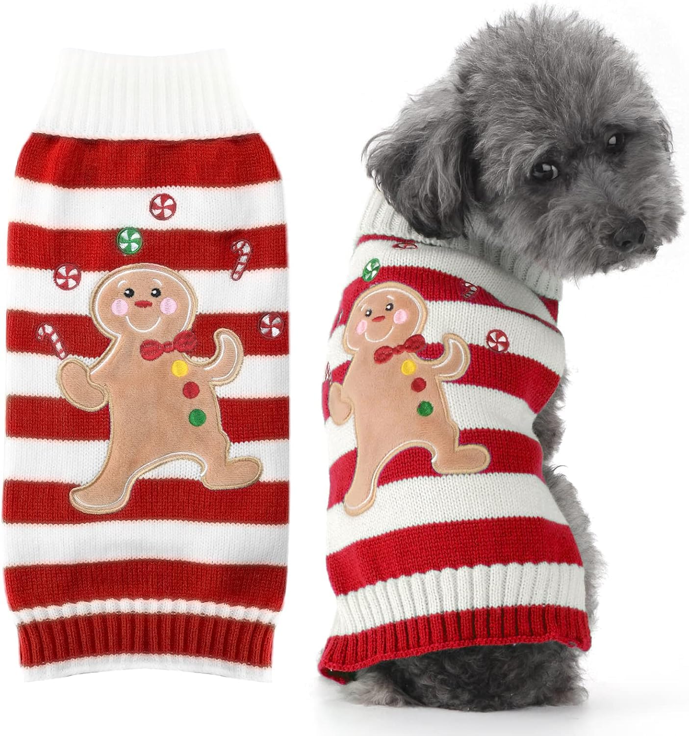 Weihnachtspullover Für Hunde – Lebkuchenmann Design, Rot Gestreift, Ohne Ärmel (für Kleine & Mittlere Hunde)