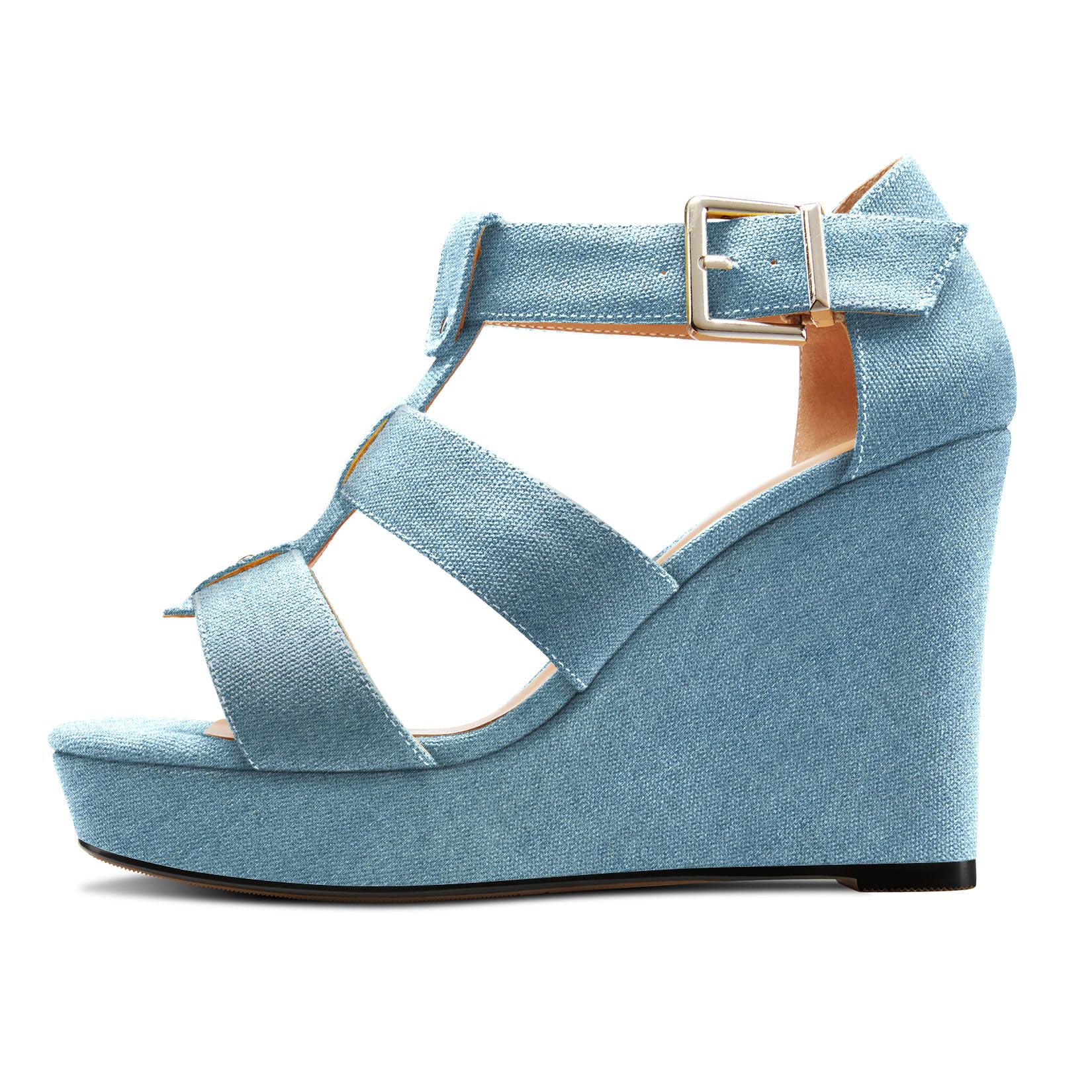 Saekcted Mujer Alto High cuña esparto Plataforma Heel Abierta Punta Sandalias Correa Tobillo Fiesta Denim Verano 10 CM Heels