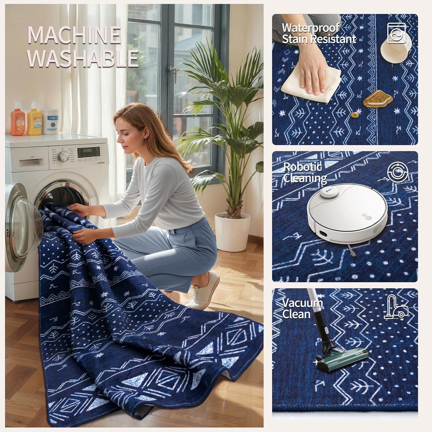 SERISSA 2x4 Rugs for Entryway, Washable Non-Slip Blue and White Small Runner Rug, Soft Low-Pile Boho Geometric Indoor Entry Rug Door Mat Indoor Entrance Front Door Carpet for Bathroom Kitchen Bedroom