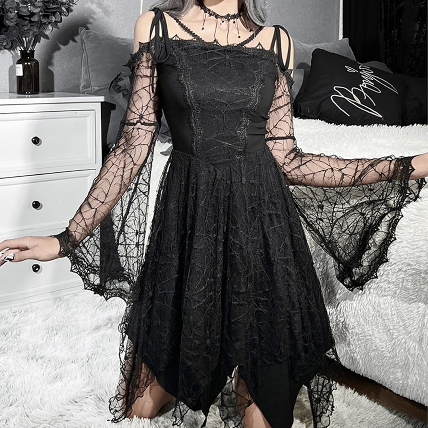 Kisswow Spider Web Bell Sleeve Vintage Dress Witchy Gothic Dresses for Women - Image 4