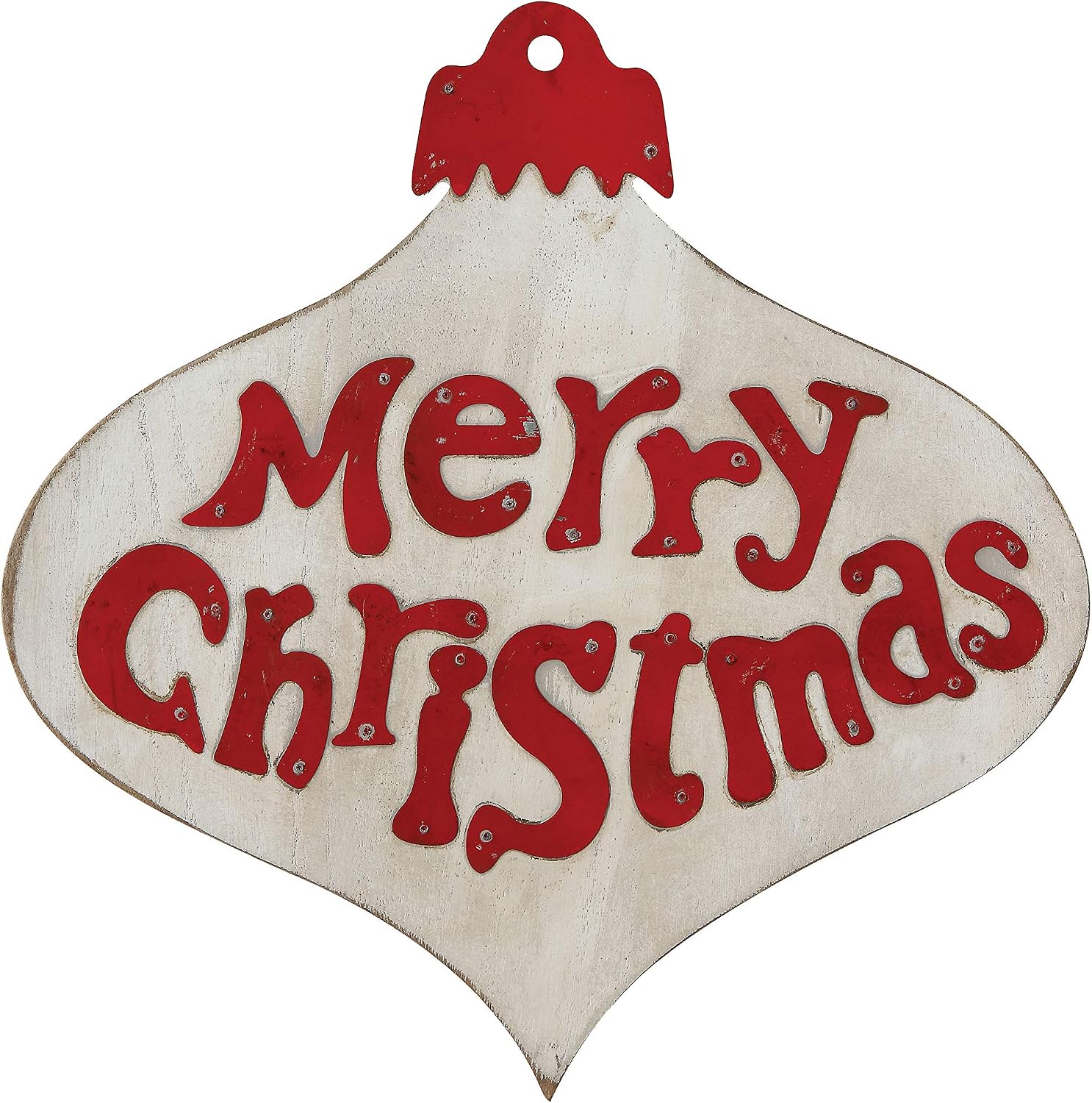 Creative Co-Op Merry Christmas Hemlock Wood & Metal Ornament Shaped Décor Wall Art, Red