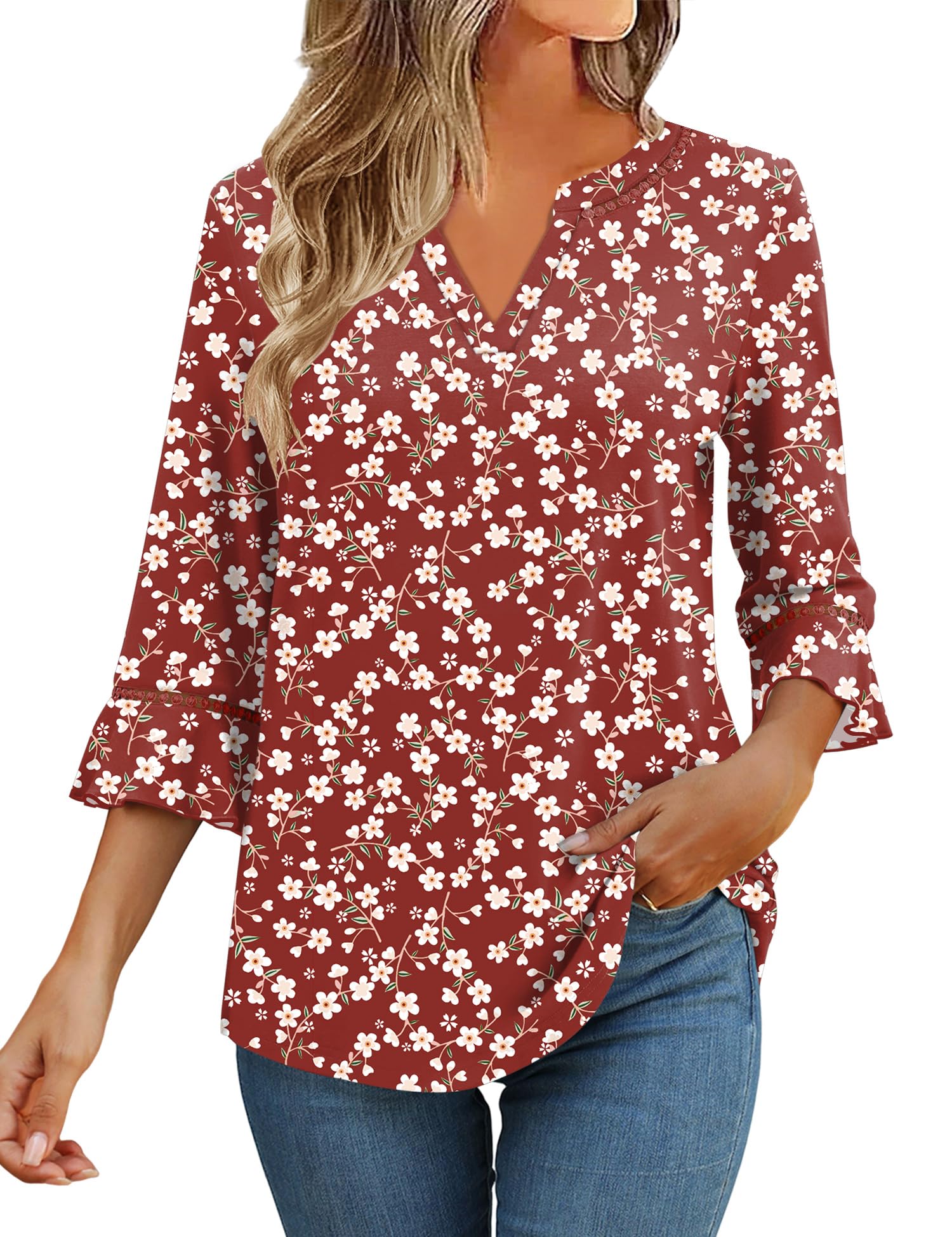 Bashafo 3/4 Length Sleeve Womens Tops Summer Ruffle Sleeve Blouses V-Neck Lace T-Shirts Dressy Casual