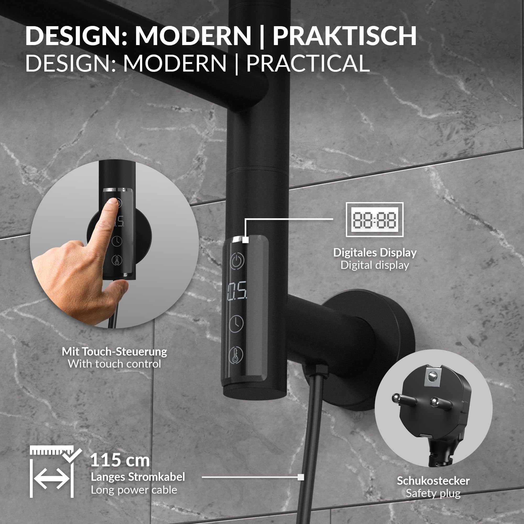 LuxeBath Scaldasalviette Elettrico con 5 Bracci Girevoli a 180°, Nero Opaco in Acciaio, 75W, Timer 0,5-9h e Display Touch Digitale, Radiatore da Bagno IPX4, 450x622 mm, Portasciugamani a Parete