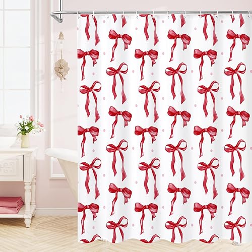 Litabel Cute Bow Shower Curtain, Burgundy Aesthetic Bowknot Shower Curtain for B