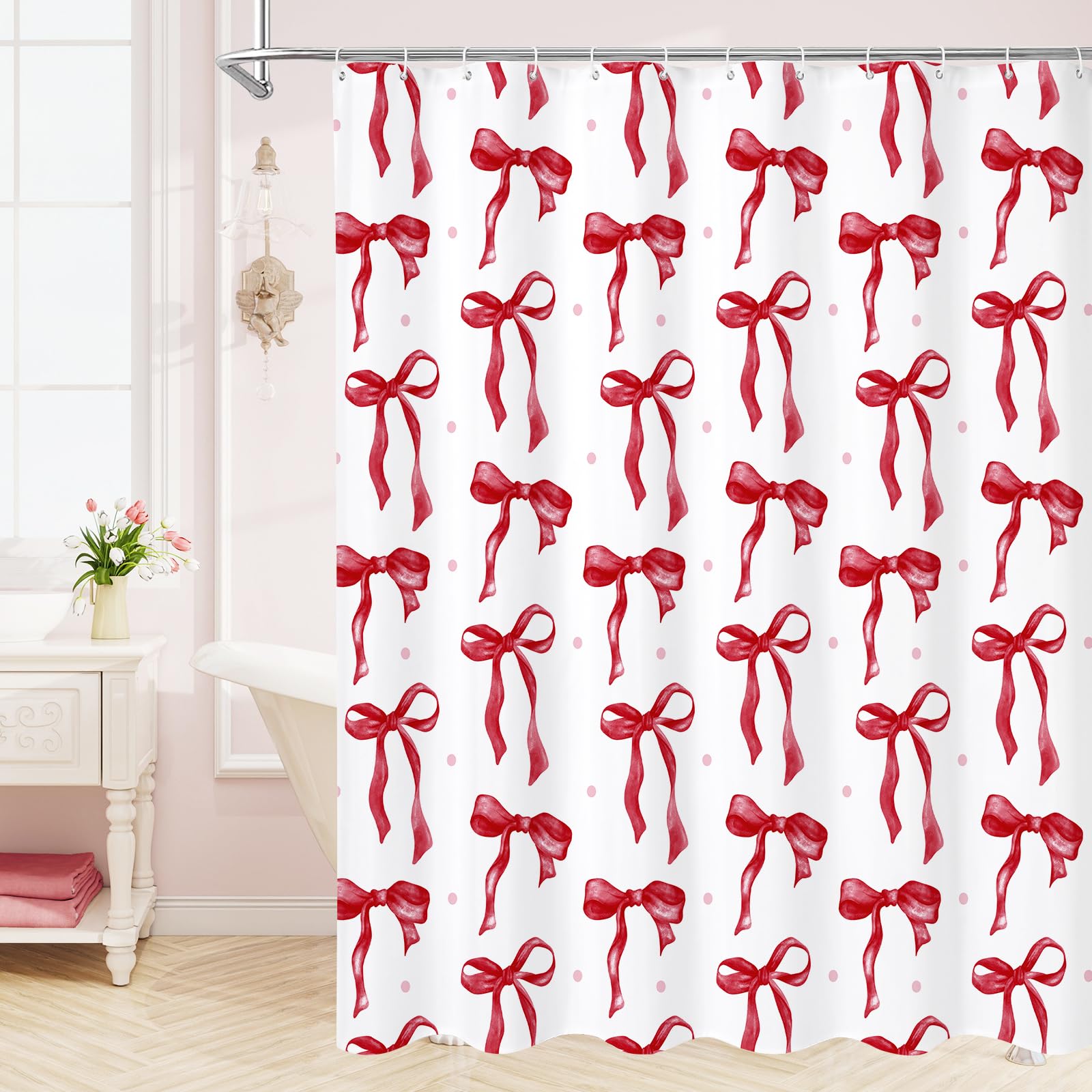 Litabel Cute Bow Shower Curtain, Burgundy Aesthetic Bowknot Shower Curtain for Bathroom, Modern Minimalist White Waterproof Fabric Shower Curtain Set,