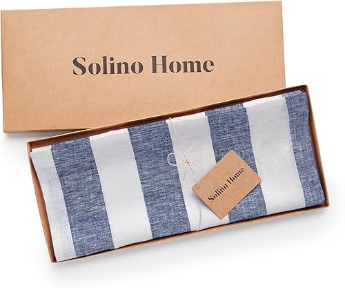 Miniatura 5 de Solino Home Camino de mesa a rayas de 60 pulgadas, rayas cabaña, 100% lino puro, camino de mesa pequeño azul marino y blanco, 14 x 60 pulgadas,