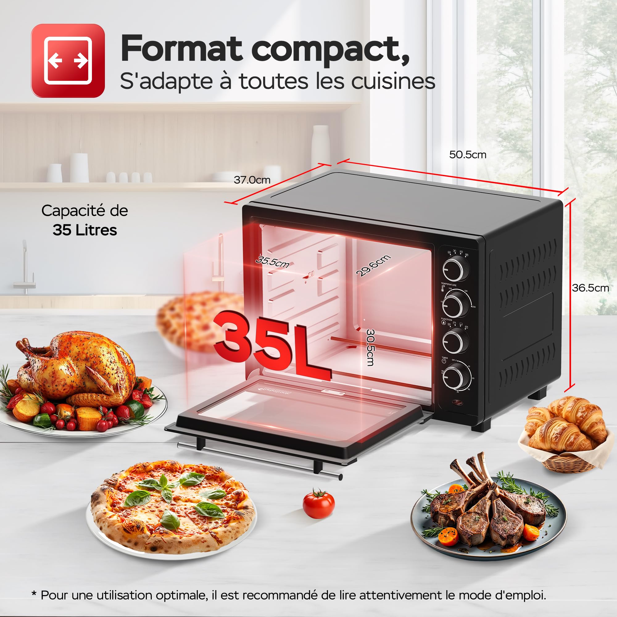 TurboTronic Mini Four à Convection avec Rôtissoire, 35L, 1600W – Four Compact Multifonctions Idéal pour Pizza, Camping et Cuisine Maison, Inclus 2 Plaques de Cuisson