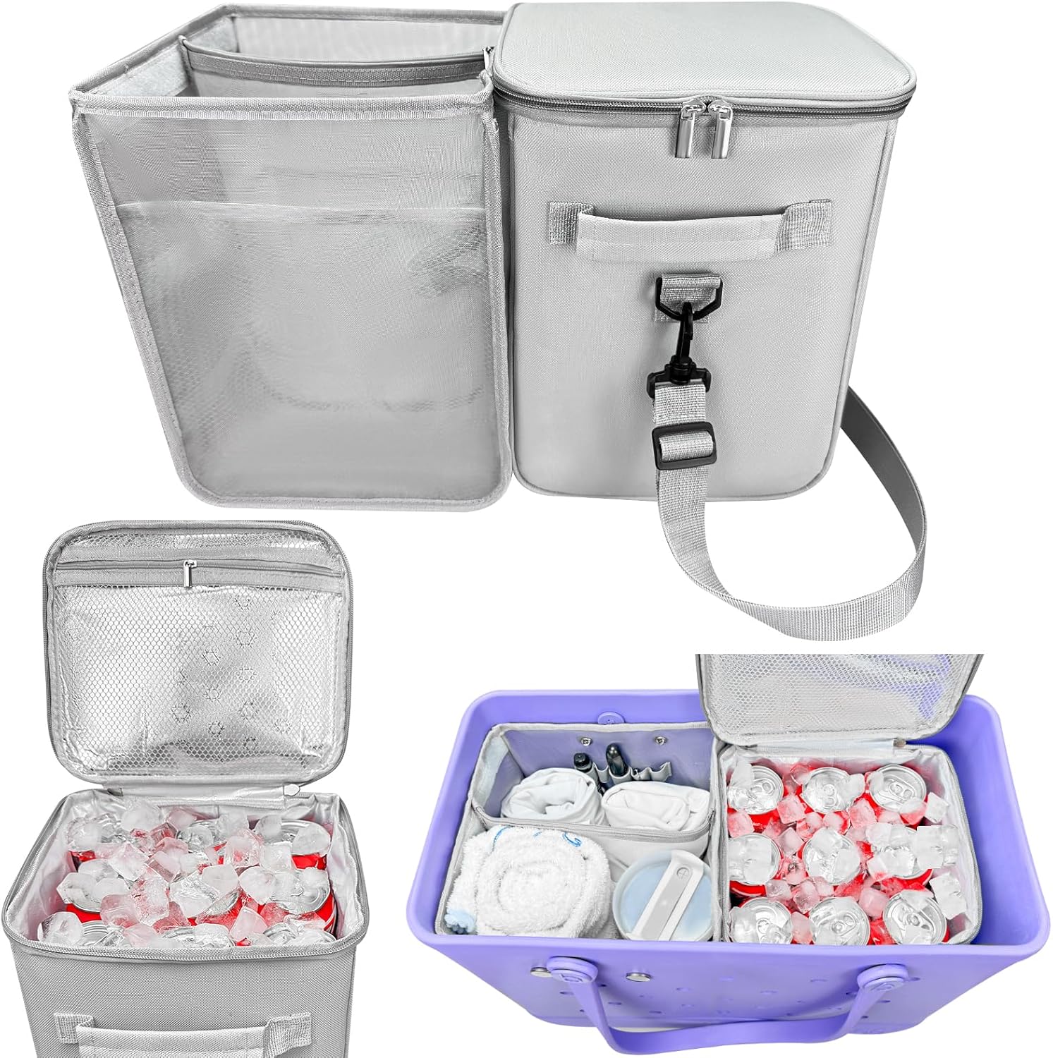 XYFuuee 2-in-1 Cooler Organizer Insert for X Large Bogg Bag Accessories, PEVA Portable Leak-Proof Ice Chest, Lightweight Mesh Divider Inserts Pouch with 4Fastener for XL Bog Beach Rubber Tote, Gray