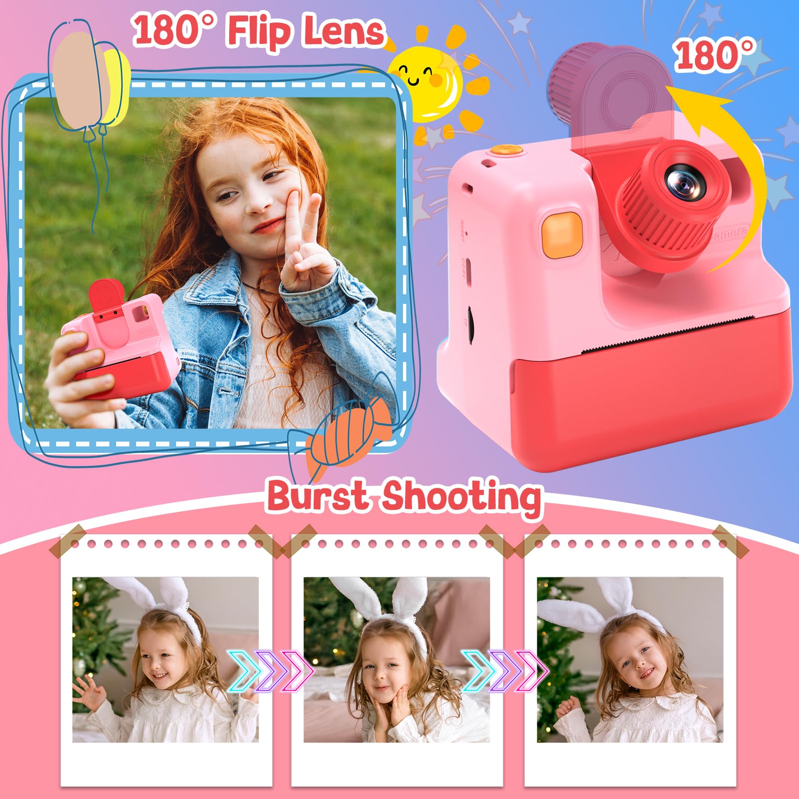 GREENKINDER Macchina Fotografica Bambini Istantanea, 1080P Macchina Fotografica Bambini con Lente 180° Flip, Scheda 32GB & Carta da Stampa, Regali di Natale Compleanno per 3-12 Ragazze Ragazzi
