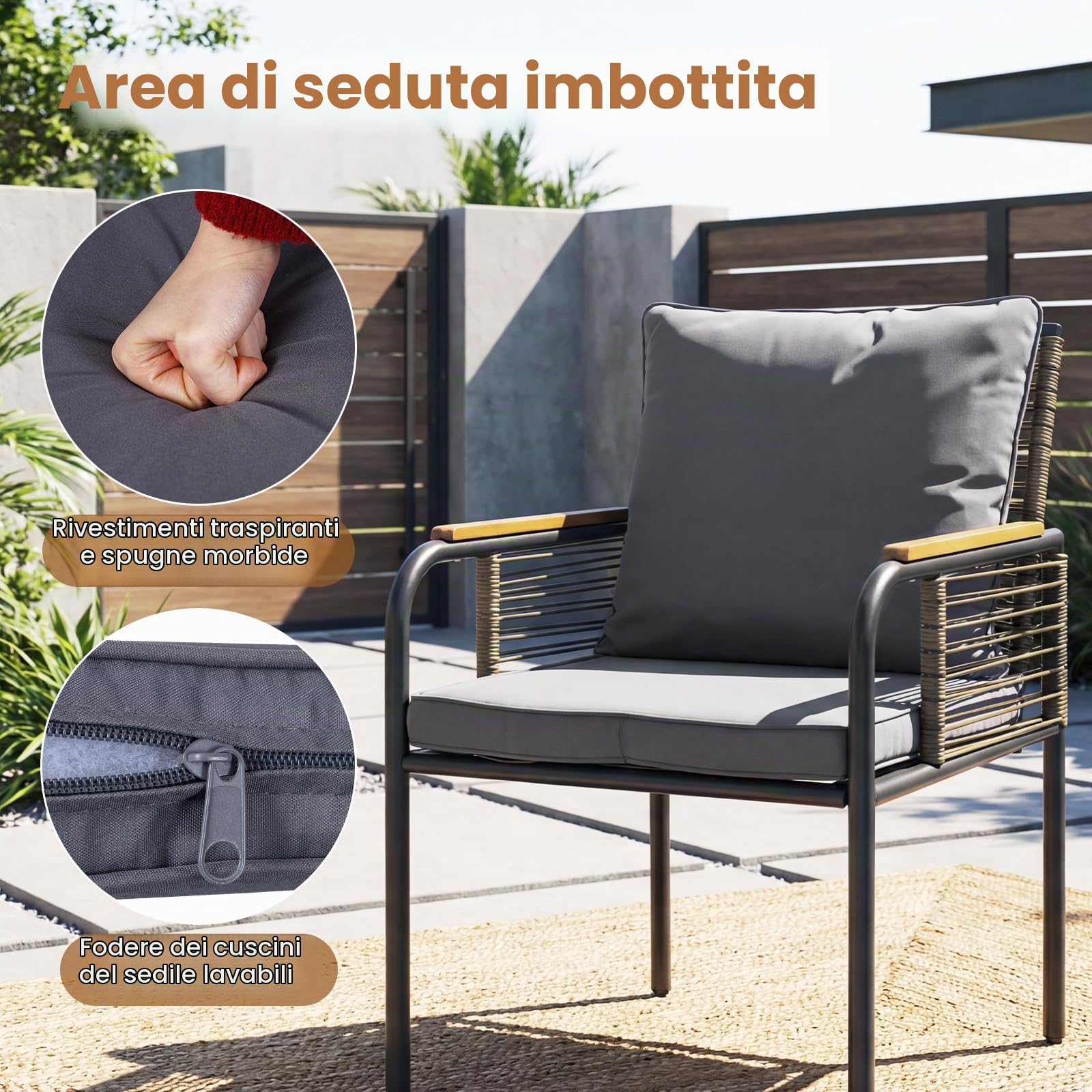 GIANTEX Set Mobile da Giardino in PE Rattan, Tavolo e 2 Sedie con Piano in Vetro Temperato, Cuscini Morbidi e Braccioli in Legno-Plastica, Salotto da Estemo per Cortile, Patio, Piscina (Grigio)