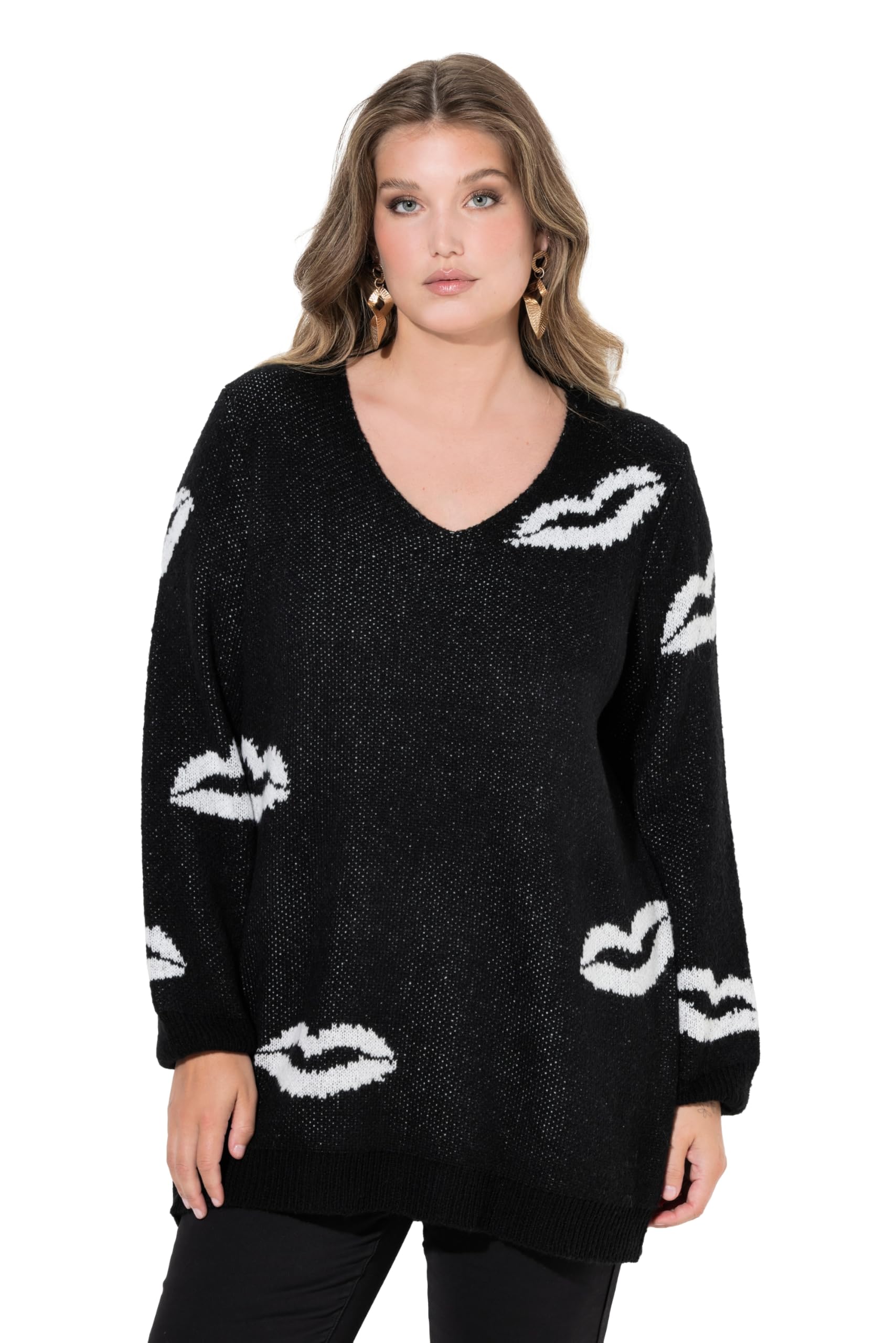 MIAMODA Damen große Größen Übergrößen Plus Size Pullover, Straight Fit, Kussmünder, V-Ausschnitt 848210