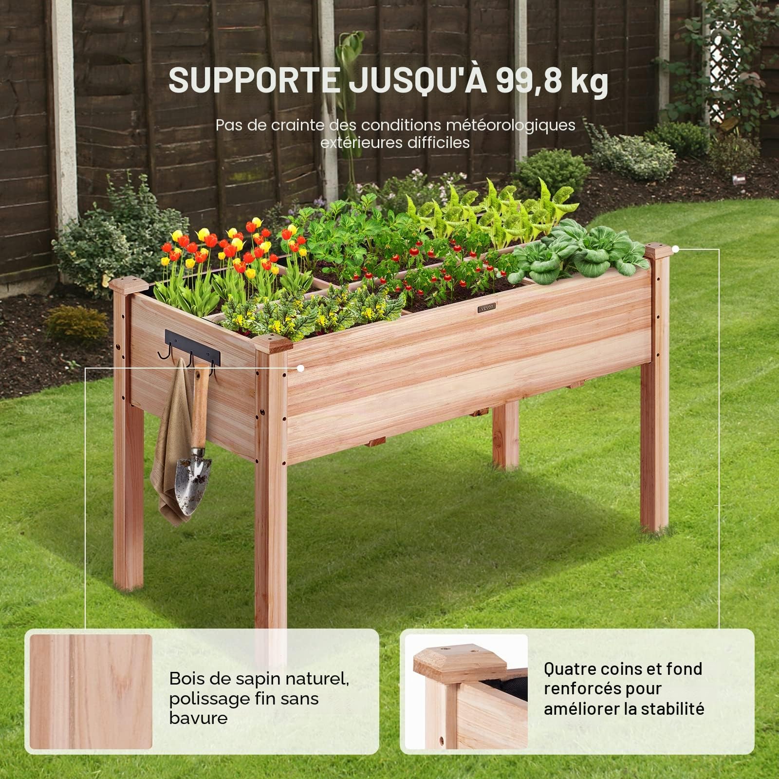 VEVOR Jardinière 120x58x76 cm Lit de Jardin Surélevé en Bois de Sapin Bac de Plantation avec Pieds pour Cultiver Fleurs Végétaux Herbes Plantes Grasses dans Jardin Terrasse Patio Balcon Couleur Bois