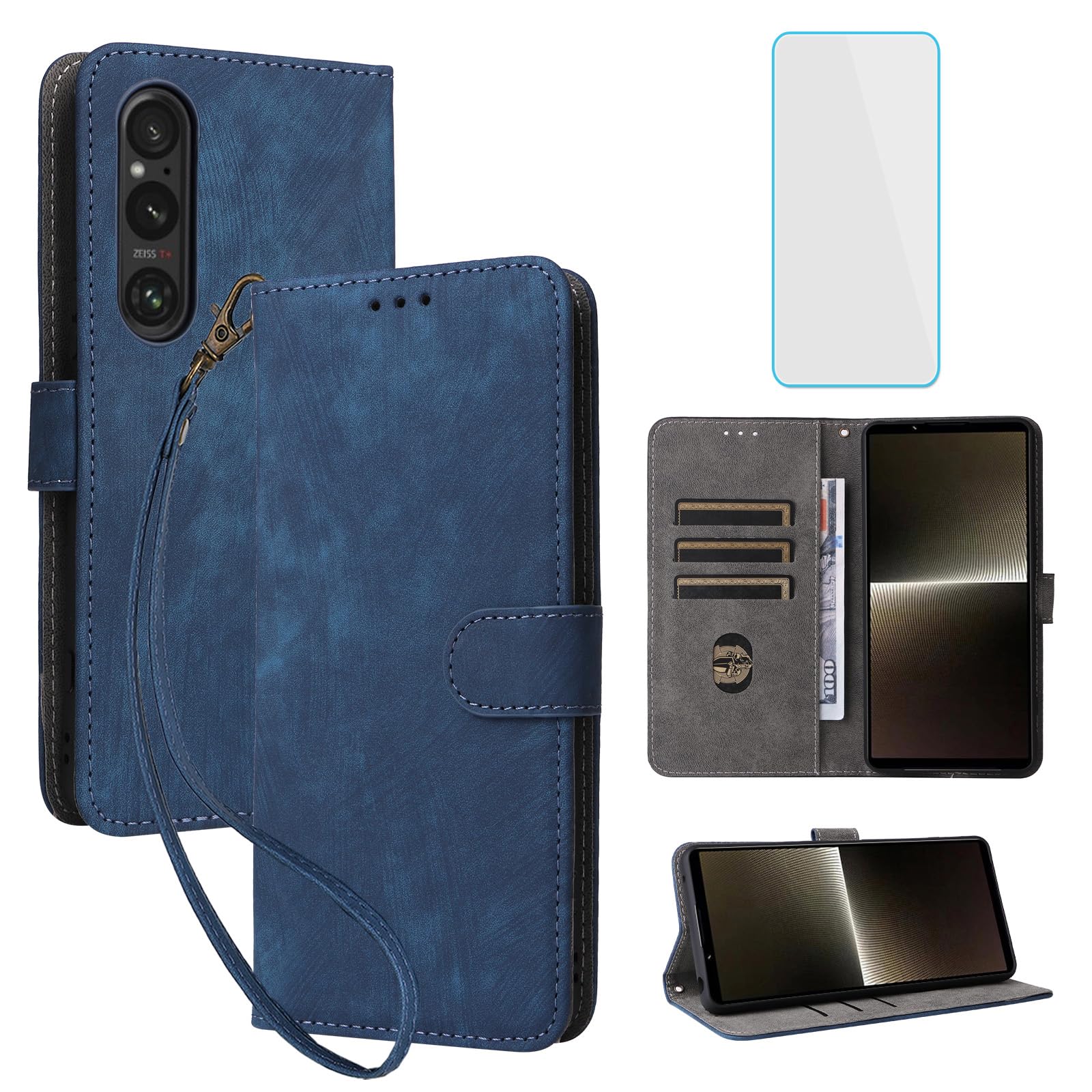 IUQXU for Sony Xperia 1 VI Wallet Phone Case with Screen Protector [RFID Blocking] Leather Flip Card Holder Kickstand Wrist Strap Women Men Cell Phone