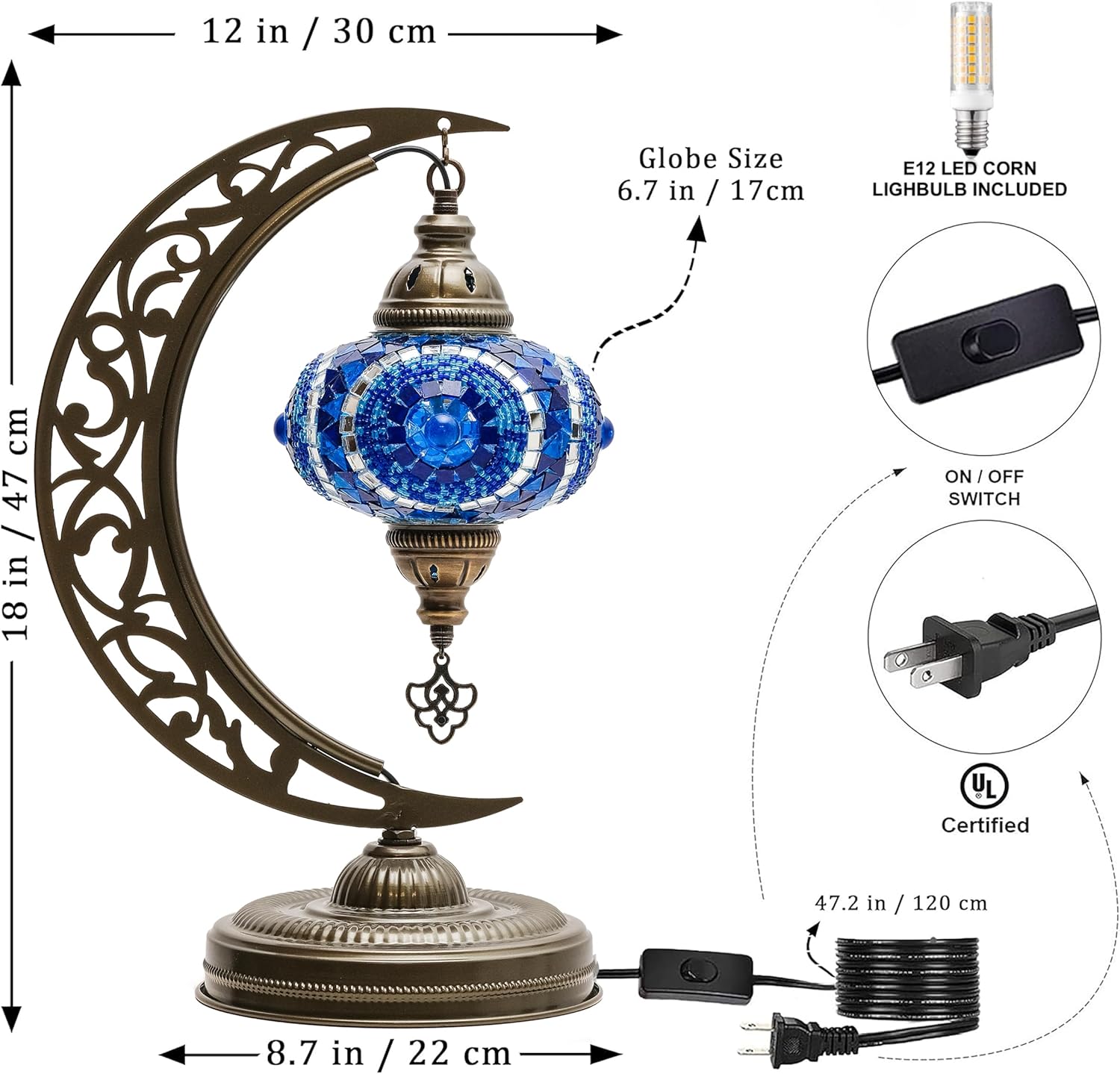 Mozaist Turkish Lamp, Unique Lamps, Moon Shaped Mosaic Table Lamp, Moroccan Handmade Antique Bohemian Vintage Lamp Shade, Tiffany Desk Bedside Stained Glass Lamp with US Plug and E12 Socket